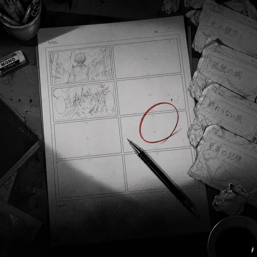 A marked-up manga page with a red circle over an unfinished panel
