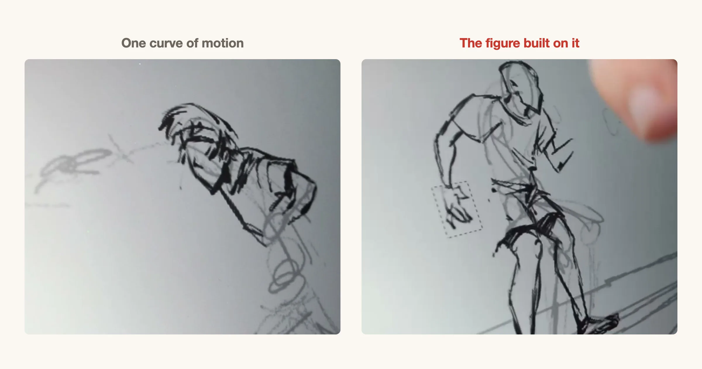 Two stages of a figure sketch on a tablet: first a few loose curves showing the lean of the body, then a full figure built on those curves, leaning into a shot.