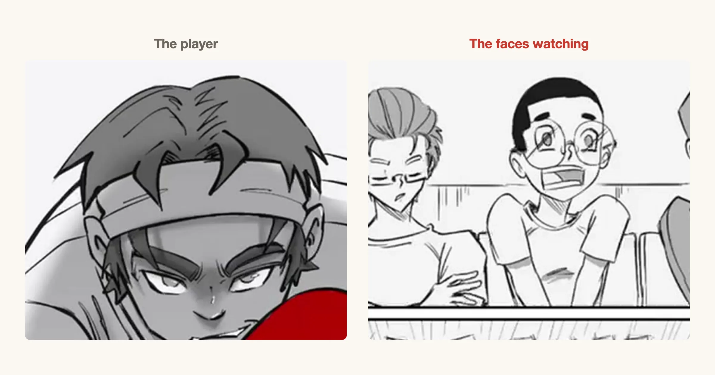 Left: a close-up of the player behind a red paddle. Right: the panel below, a row of classmates watching with open mouths and wide eyes.