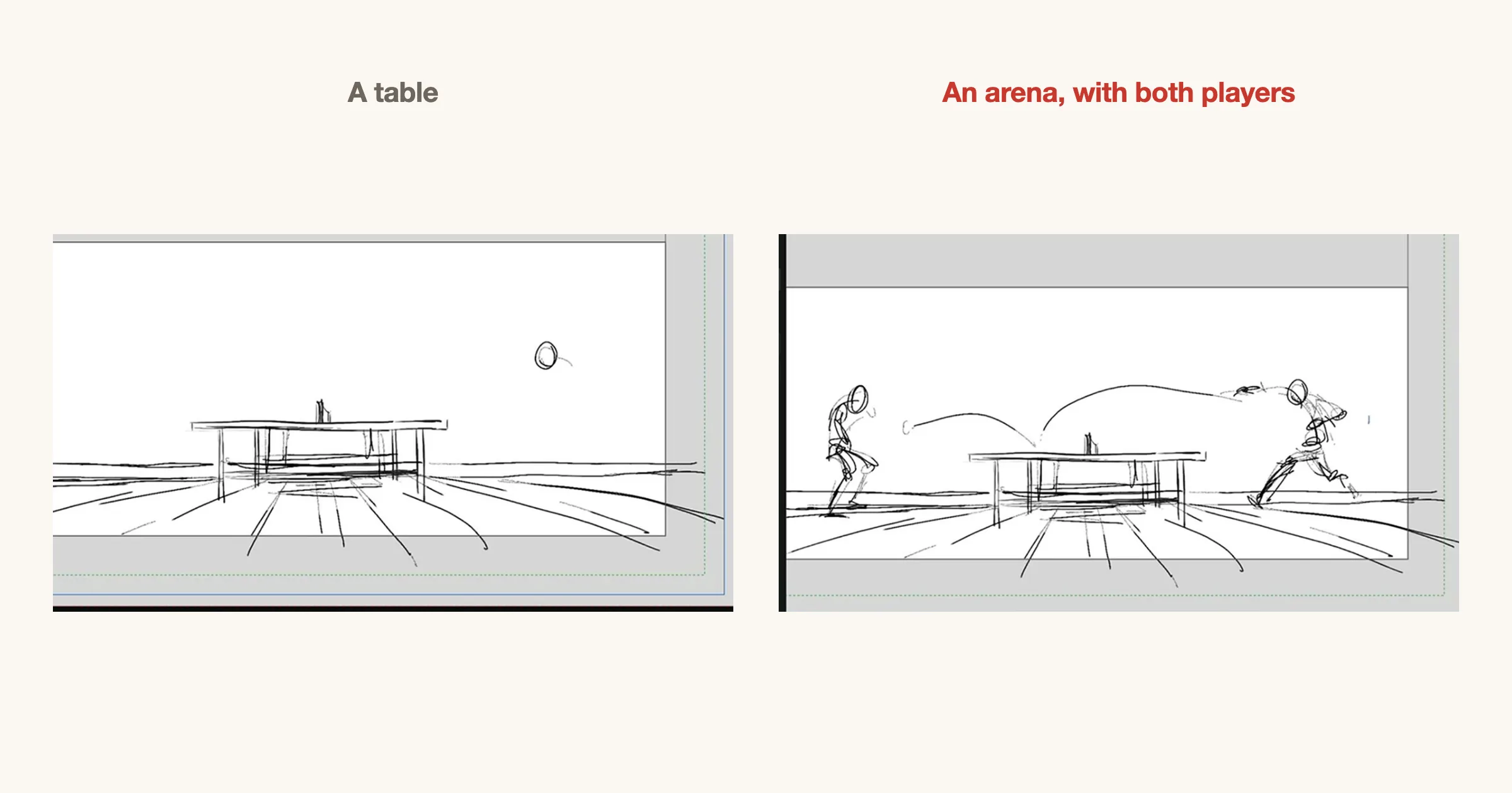 Two frames of a rough: first a lone ping-pong table drawn in perspective, then the same table with a player at each end and the ball in the air.