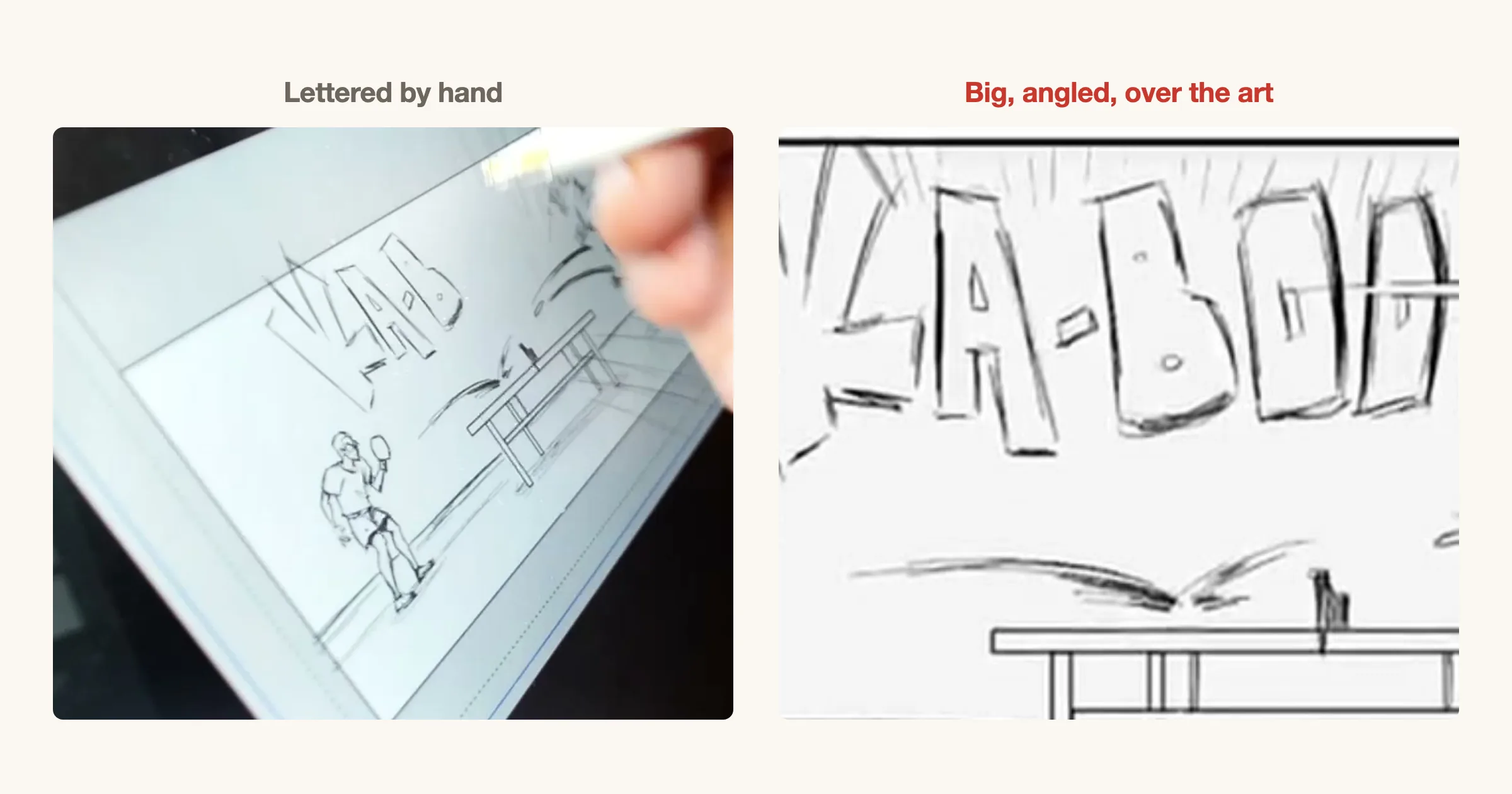 Left: the first letters of a sound effect being drawn by hand on a tablet above the table. Right: the finished KA-BOOM, large, angled letters across the top of the panel.