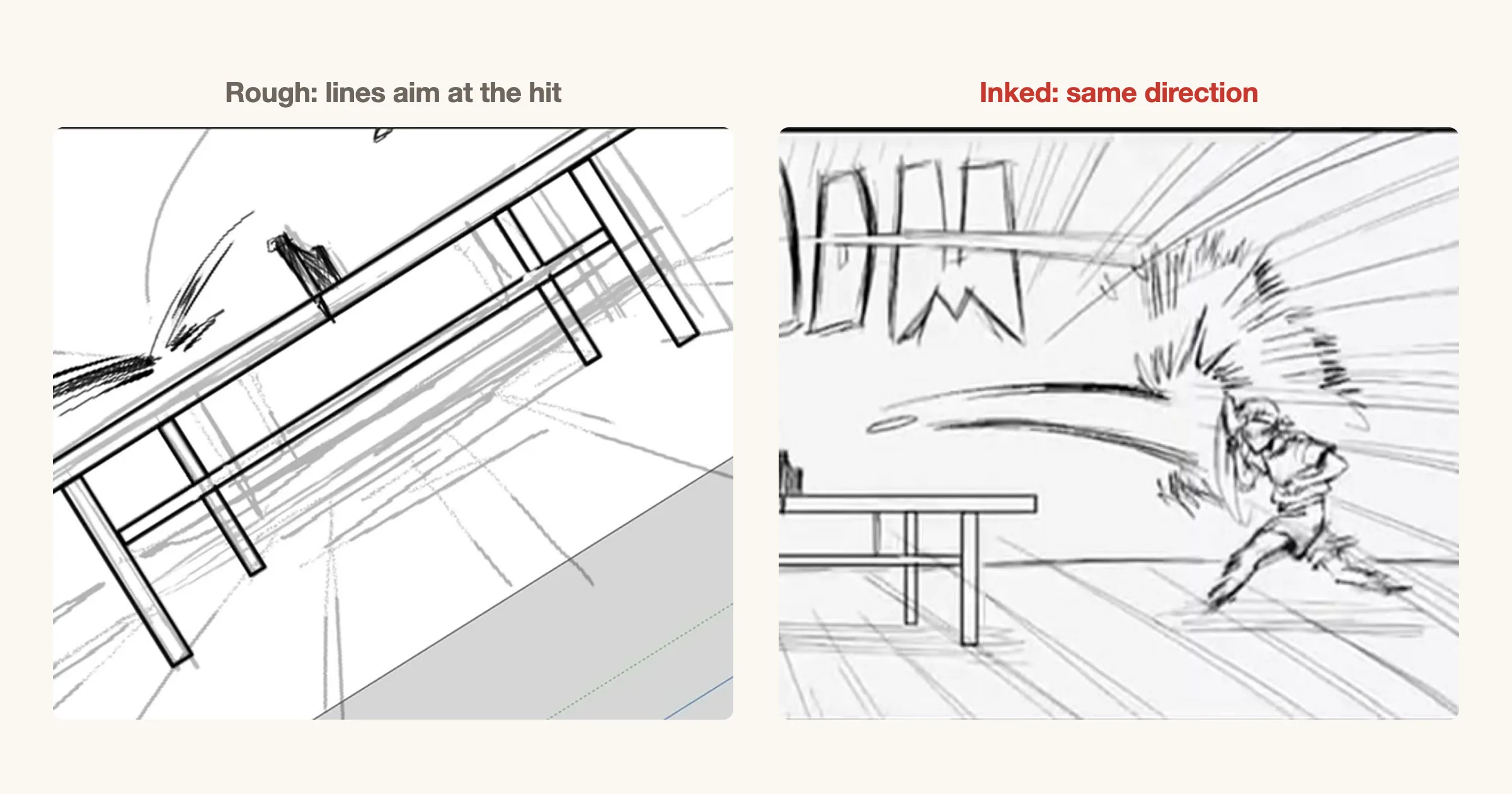 Left: a rough of the smash with loose lines trailing the ball toward the player. Right: the inked panel, where the speed lines run the same way and burst around the impact.