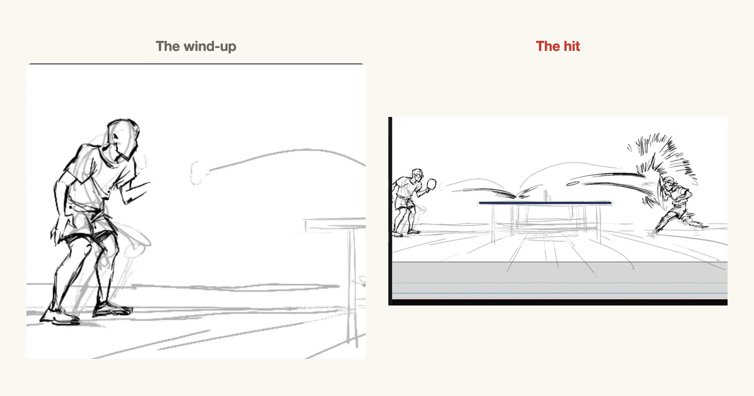 Left: a player crouched in a ready stance, paddle low, waiting for the ball. Right: the smash, the ball streaking across the table with speed lines.