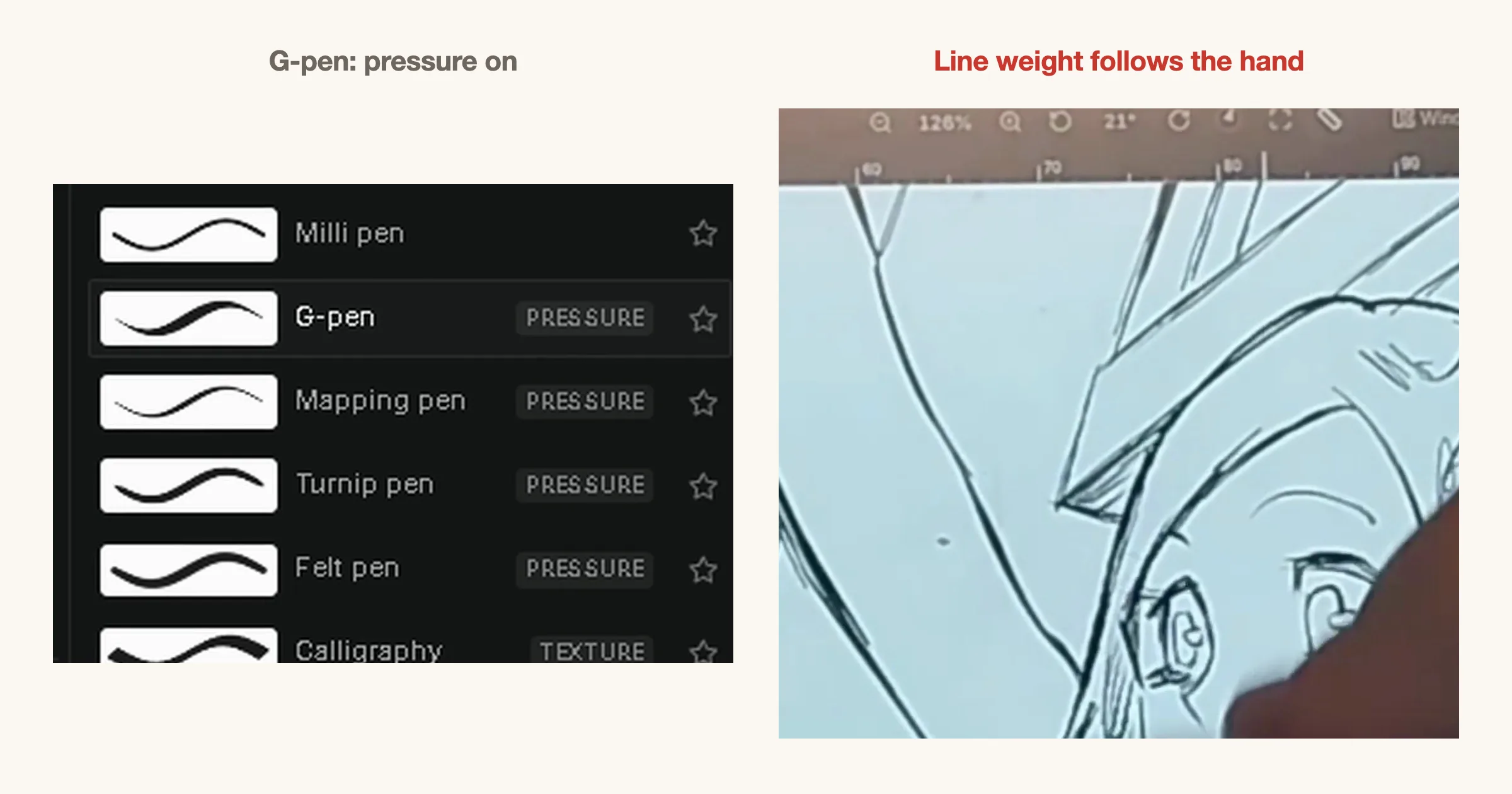 Left: the brush list with G-pen highlighted and tagged Pressure. Right: a pen stroke over a rough whose line gets thicker and thinner along its length.