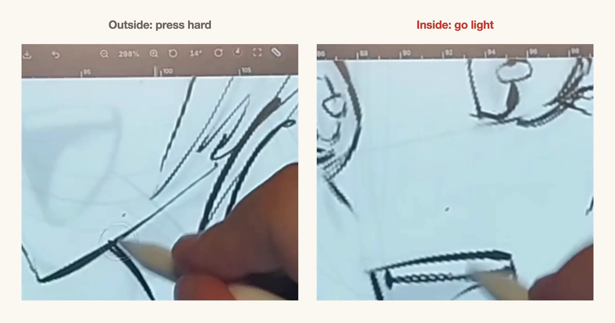 Left: a thick, confident outline stroke being drawn along the outside of a shape. Right: a thin, light line drawn inside the shape.