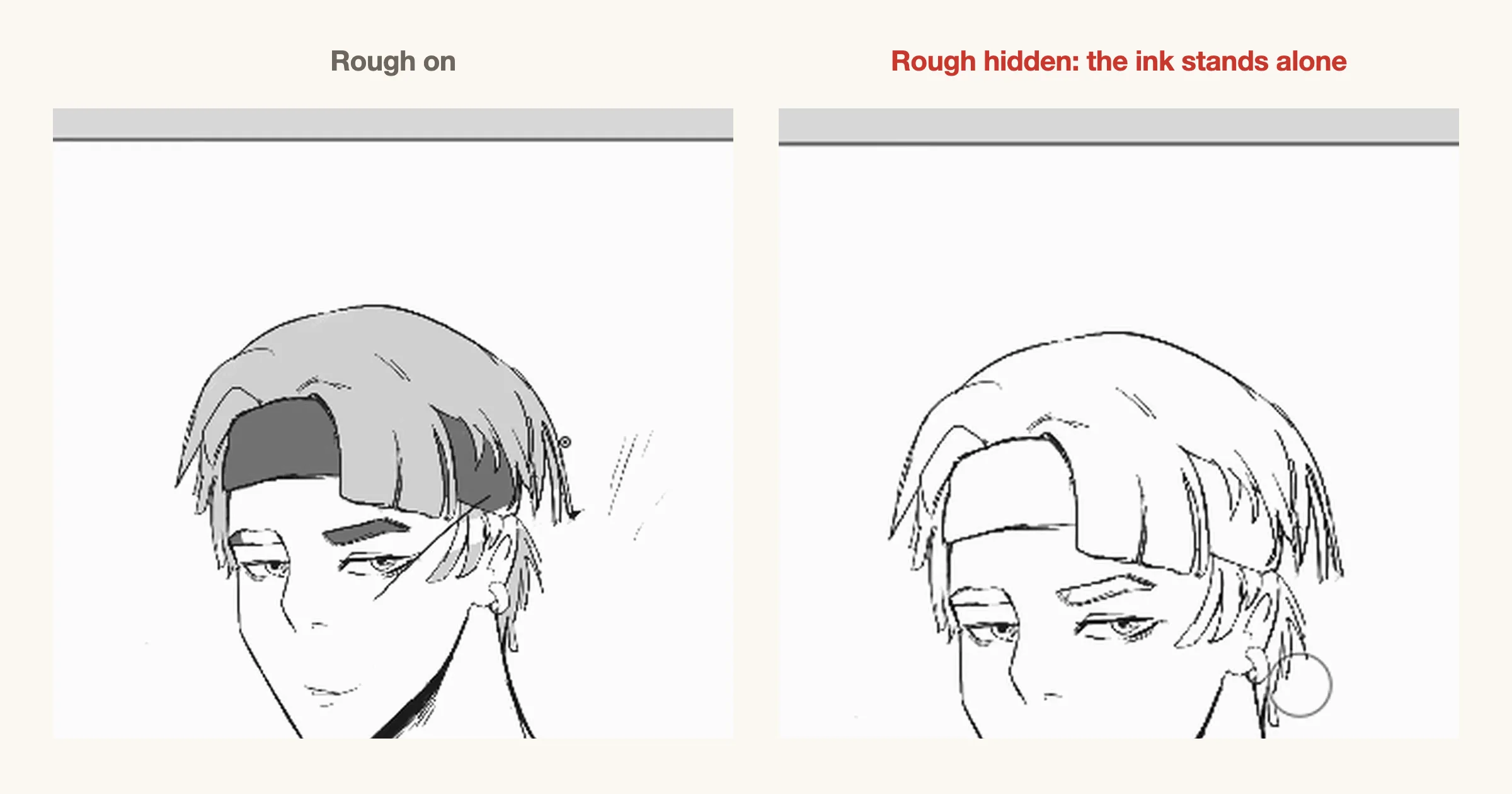 Left: a character with a grey rough still visible behind the ink. Right: the same character with the rough hidden, showing clean black lineart alone.