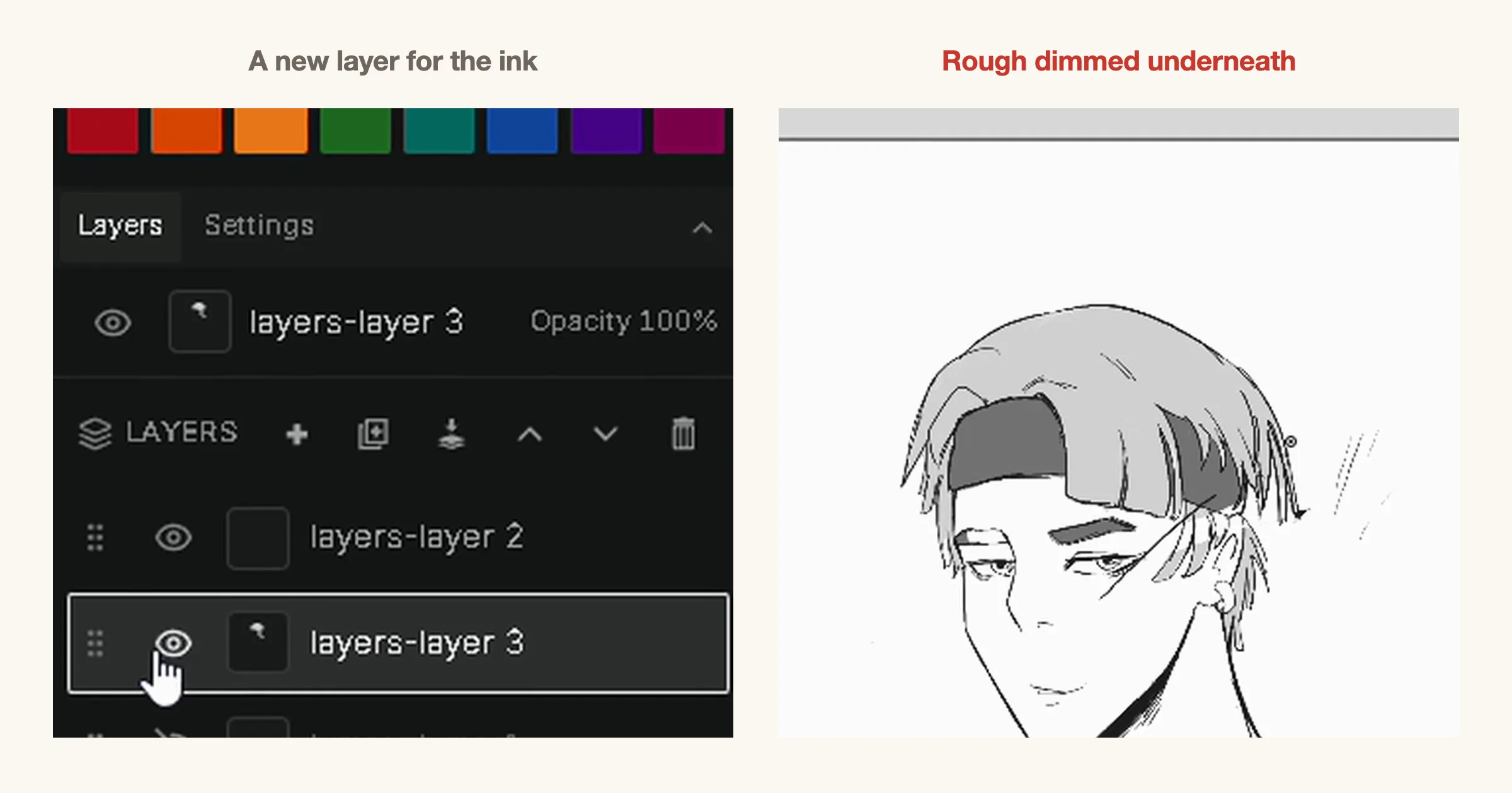 Left: the layers panel with a new layer selected above the rough layers. Right: the page with a pale grey rough sitting underneath fresh black ink.
