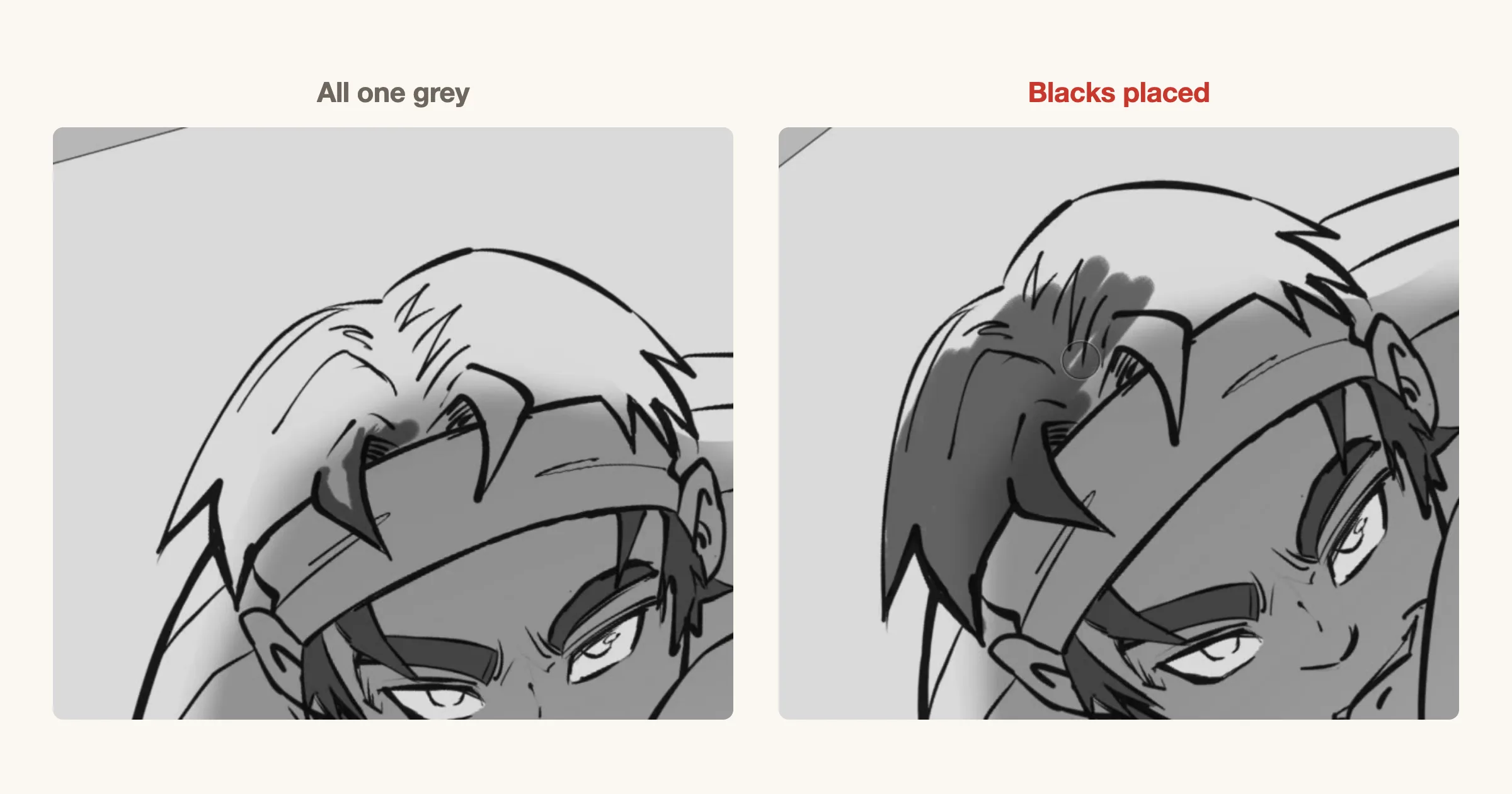 Two close-ups of the same inked and toned face. In the first the hair is the same grey as the skin. In the second the hair has been filled with solid black, separating it from the face.