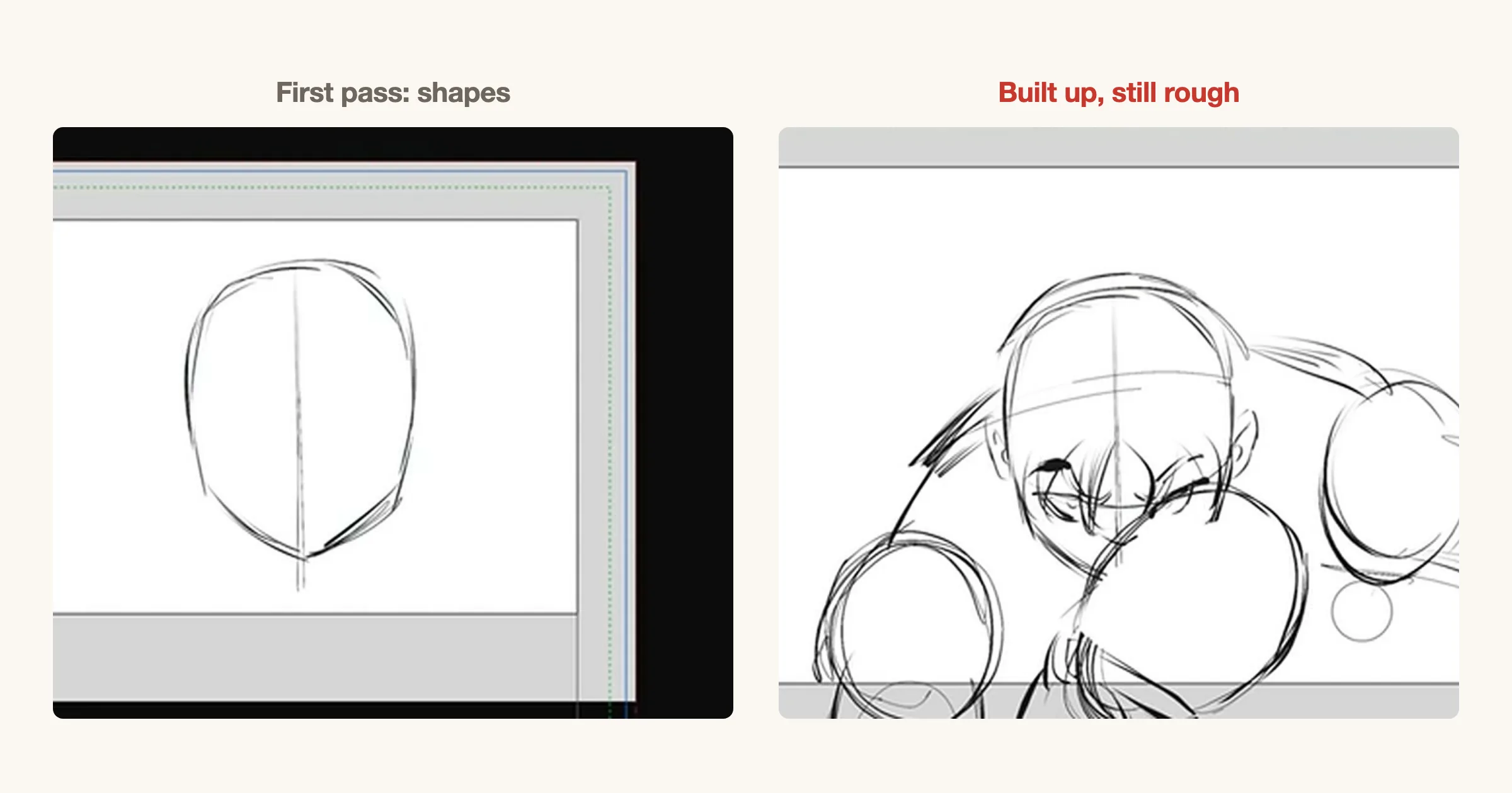 Two frames of a rough sketch in progress: first a single oval with a centre line, then the same figure built up into a loose pose with boxing gloves, still unrefined.