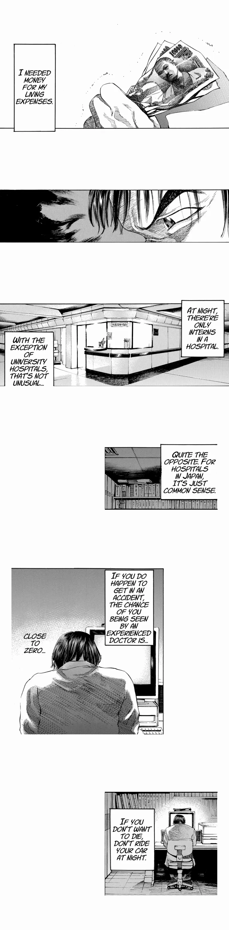 The same page re-laid as a vertical scroll strip: the five print panels stacked in one column with white space between them, the bottom-right print panel split into two separate beats, ending on the caption 'If you don't want to die, don't ride your car at night.'