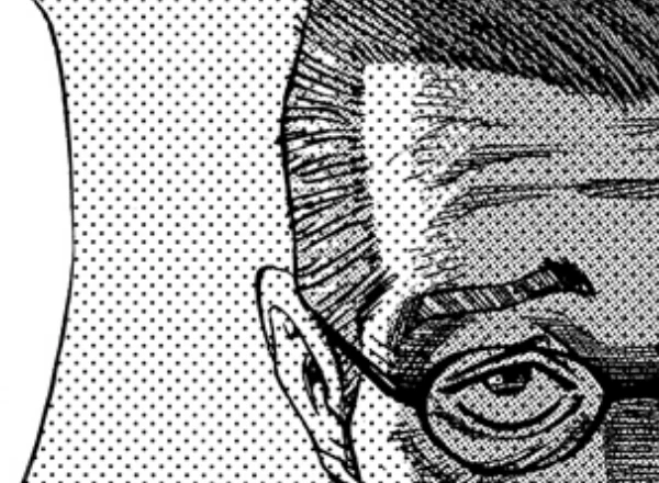 A close-up of a manga panel background made of evenly spaced black dots, next to an inked head with hatched hair and round glasses.